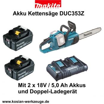 Makita Akku-Kettensäge DUC 353Z mit 2x 18V/5,0 Ah Akku und doppelt Ladegerät